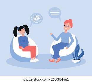 A teenage girl at a psychologist's appointment is in a bad mood flat vector illustration. Character complains of depression. Psychotherapist provides psychological assistance for mental health