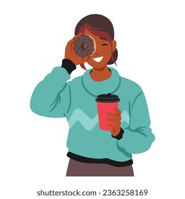Teenage Girl, Radiating Youthful Charm, Poses With A Coffee Cup In One Hand And A Delectable Donut In The Other, Teen Female Character Exuding Casual, Trendy Vibes. Cartoon People Vector Illustration