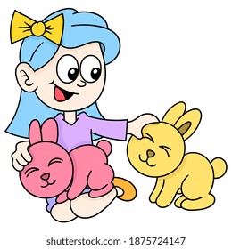 a teenage girl raising a cute rabbit, doodle kawaii. doodle icon image. cartoon character cute doodle draw