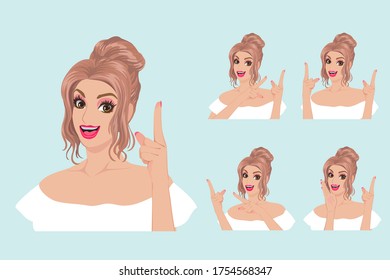 Teenage girl raising hands, pointing finger with various gestures, vector style image, cartoon character illustration