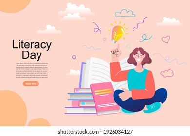 Una adolescente leyendo un libro grande. Cartel del Día Mundial de la Lectura y la Alfabetización. Mercado de libros o concepto justo. Lectura en línea. De vuelta a la escuela. Ilustración vectorial de concepto universitario y universitario.