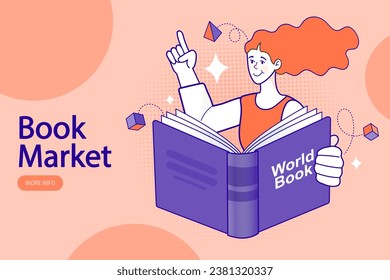 A teenage girl reading a big book. World book reading or literacy day banner. Book market or fair concept. Online reading. Back to school. College and university concept vector illustration.