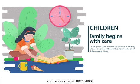 A teenage girl reading a book among flowers, sitting in a Lotus position, a concept for banner design and websites and postcards, vector flat illustration