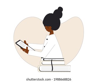 Teenage girl reading an electronic book. Literature fan. Books lover. Young woman with stack of books portrait. Vector illustration. 