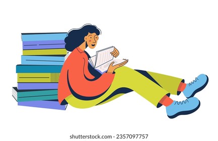 Teenage girl reading and sitting near a stack of books. Student preparing to exam. Distance studying, self education