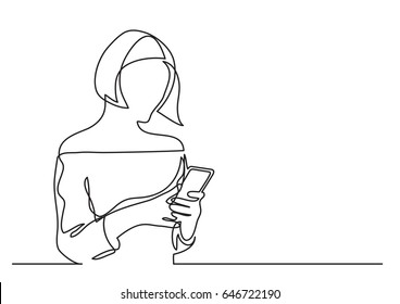 teenage girl reading smartphone - continuous line drawing