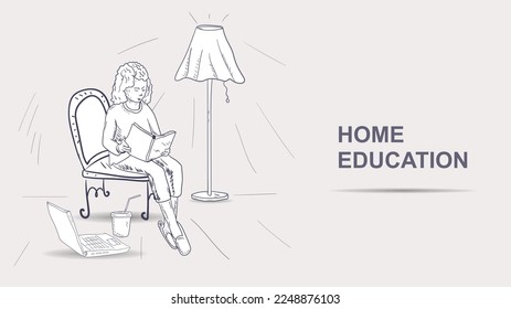 A teenage girl reads a book sitting on a chair, contoured black and white illustration in the style of a doodle
