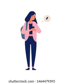 Teenage girl receiving notification on smartphone. Young happy woman texting or surfing internet on mobile phone. Social media addiction, instant messaging. Flat cartoon colorful vector illustration.