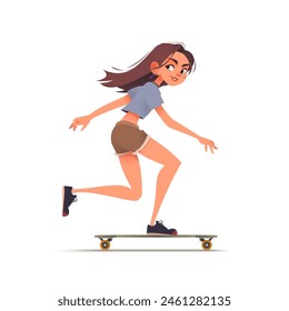 Teenage girl riding longboard. Smiling woman wears t-shirt shorts and sneakers. Skateboarding culture. Healthy active lifestyle. Extreme sports. Isolated background. Cartoon vector illustration