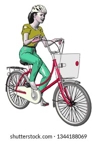 A teenage girl is riding red colored bike on road looking so happy She is wearing safety helmet with yellow and green dress vector color drawing or illustration