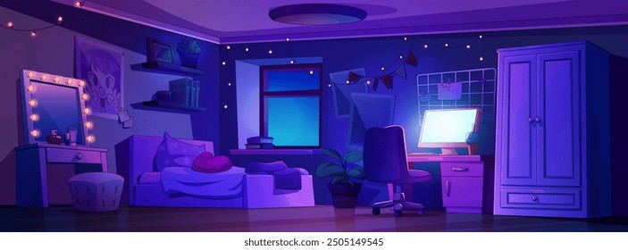 Teenage girl room interior at night. Dark cartoon girly bedroom with bed and wardrobe cabinet, light from computer screen on table, chair and makeup mirror with cosmetics, posters and garland on wall.