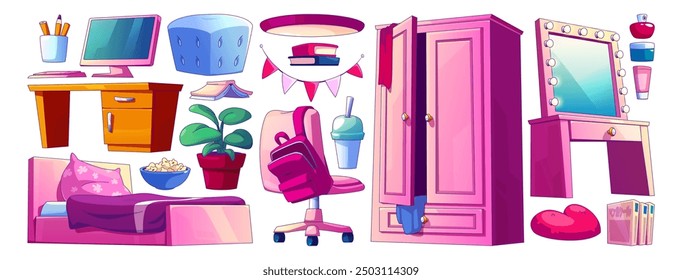 Teenage girl room interior pink furniture and decor elements. Cartoon set of bed and wardrobe cabinet, computer on table and backpack on chair, makeup mirror with cosmetics, flags and books.