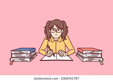 Teenage girl with school books sits in classroom and prepares for difficult exam. Girl from elementary school trains knowledge before olympiad to be smarter than classmates and get good grades