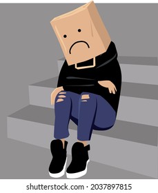 Teenage girl with self-esteem issues sitting on the stairs with a paper bag on her head with a sad face drawn on, EPS 8 vector illustration