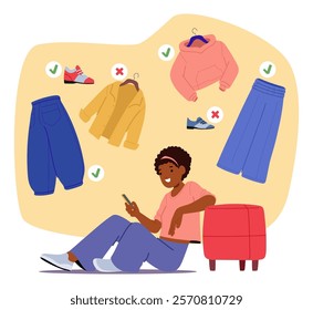 Teenage girl shopaholic cartoon character searching trendy apparel using online store services vector illustration. Young female shopper buying trendy outfit on internet via smartphone application