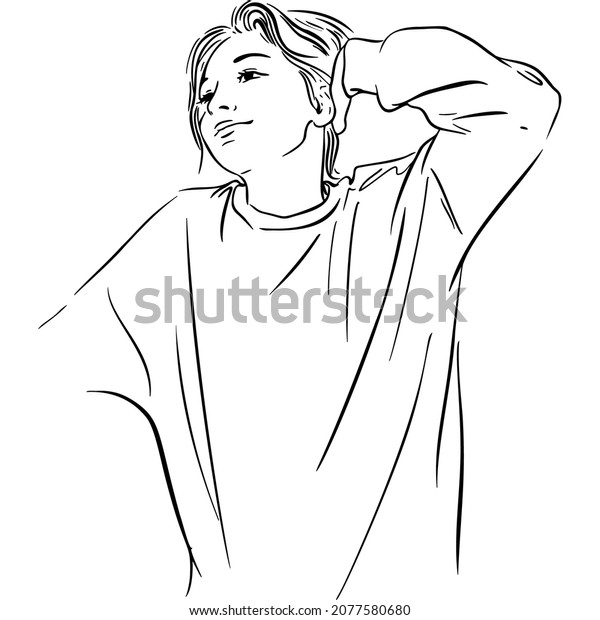 Teenage girl with short hair sketch vector\
illustration hand draw