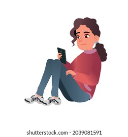 A teenage girl sits on the floor and looks at the phone. Girl teenager character
