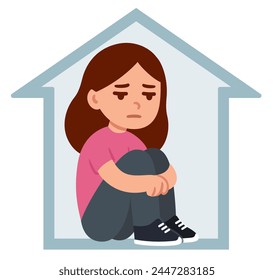 Teenage girl sitting alone at home, hugging knees. Depression, loneliness, social anxiety. Simple flat cartoon drawing. Mental health vector clip art illustration.