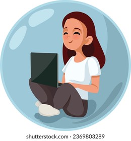 
Teenage Girl Sitting in her Social Bubble using a Laptop Vector Cartoon. Adolescent learning from a distance attending online class
