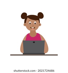 Teenage girl sitting at laptop and studying or socializing online, flat vector illustration isolated on white background. Children education and development.