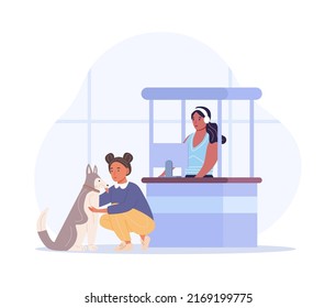 Teenage girl sitting next to her dog and hugging it. Girl walking with her dog on street. Happy pet owner cuddling with four legged animal friend. Teenager petting domestic animal flat vector