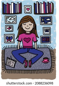 a teenage girl is sitting on the carpet in the room with a cup of coffee and a book