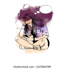 A Teenage Girl Sitting On The Floor Watching A Smartphone And Crying. Vector Sketch Illustration With Watercolor  Textur 