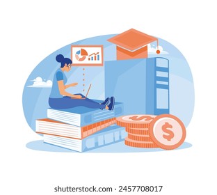 Teenage girl sitting on a pile of books. Learning about financial literacy for education. Financial education concept. Flat vector illustration.