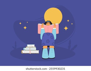 Teenage girl sitting and reading a book under the night sky with stars and a full moon. Books lover concept. Vector flat illustration