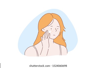 Teenage girl skincare problem concept. Woman with facial rash, lady applies cream, ointment on skin with acne pimples, covers freckles with foundation base, concealer. Simple flat vector