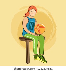 Teenage girl in sportswear and sneakers sits and holds the ball in his hands. Sketch. Vector illustration