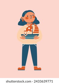Teenage girl standing and holding toy ship. Vector clip art for card, banner, flyer with cartoon cute illustration. Kawaii cheerful character. Flat design of happy kid.
