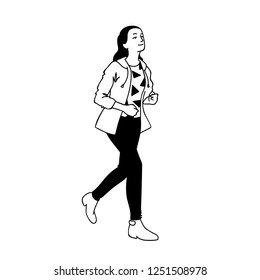 Teenage girl in streetwear running hurriedly. Concept. Monochrome vector illustration of cute girl with long hair hurry somewhere isolated on white background. Hand drawn sketch.