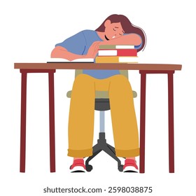 Teenage girl student character sleeping on stacked textbook while studying at desk table vector illustration. Exhausted fatigue young female teenager feeling bored and tired due to difficult education