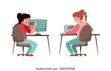 Teenage girl students studying online and communicating with computer. Distance education during quarantine cartoon vector illustration