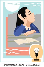 Teenage girl studying, taking notes, bored at home. Thoughtful teenager participating in a boring lecture, studying remotely during quarantine