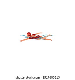 A teenage girl swims in a red swimsuit. Vector illustration in a flat cartoon style.