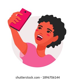 A teenage girl taking a selfie with her smartphone. A woman photographing herself, take a photo. An avatar, portrait. A vector cartoon illustration.