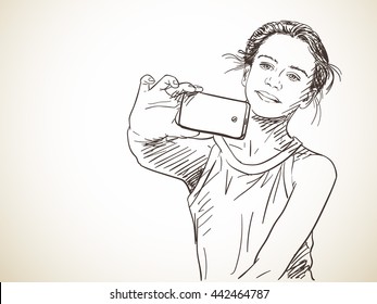 Teenage girl taking selfie, Vector sketch, Hand drawn illustration