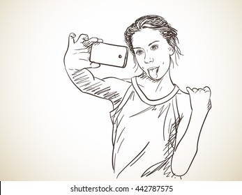 Teenage girl taking selfie, Vector sketch, Hand drawn illustration