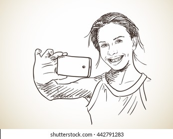 Teenage girl taking selfie, Vector sketch, Hand drawn illustration