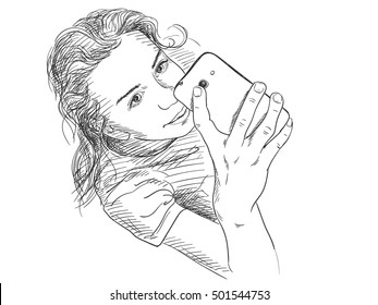 Teenage girl taking selfie, Vector sketch Hand drawn illustration