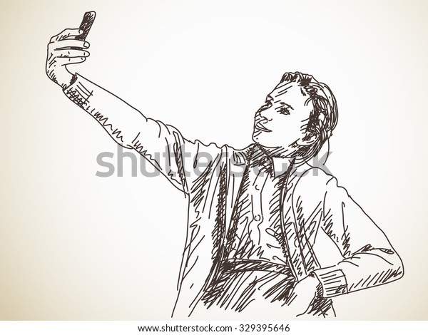 Teenage Girl Taking Selfie Vector Sketch Stock Vector