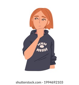 Teenage Girl Thinking or Solving Problem, Portrait of Thoughtful Person with Curious Face Expression Cartoon Vector Illustration