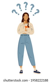 A teenage girl thinks about solving a problem, a female character doubts and worries, asks questions. Cartoon flat illustration isolated on white background.