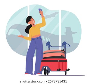 Teenage girl travel blogger character shooting video content for social media network in airport cartoon scene. Young people generation z creative hobby, reviewing tour adventure vector illustration