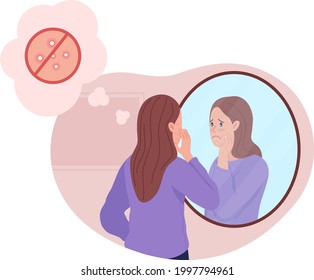 Teenage girl upset over acne 2D vector isolated illustration. Dermatology issue with skin care. Unhappy child in front of mirror flat character on cartoon background. Teenager problem colourful scene