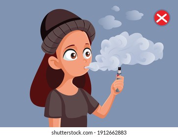 Teenage Girl with Vaping Addiction Vector Illustration. Adolescent using e-cigarette trying to act rebellious
