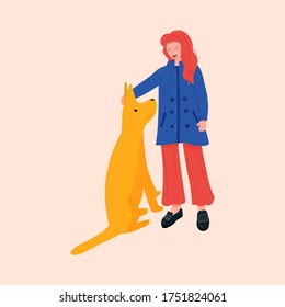 Teenage girl volunteering in animal shelter with dog. Vector illustration for pet rescue promotional materials or website.