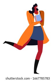 Teenage girl walking happily, female character carrying books. Student with textbooks or copybooks, lady with publications or literature. Young lady in autumn coat holding encyclopedia, vector